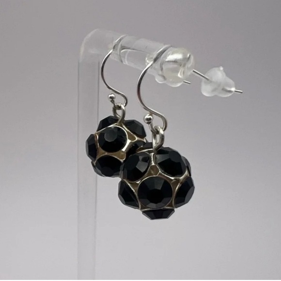 Vintage Black Rhinestone Sphere Dangle Earrings | Sterling Silver Hooks - Picture 8 of 10